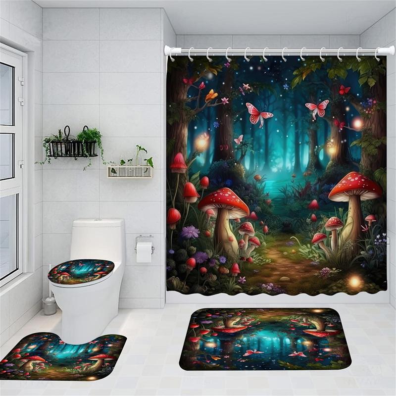 Forest & Mushroom Pattern Bathroom Decor Set, 4 Counts Non-slip Bath Mat & U-shaped Commode Contour Rug & Toilet Lid Mat & Shower Curtain with 12 Hooks, Bathroom Accessories