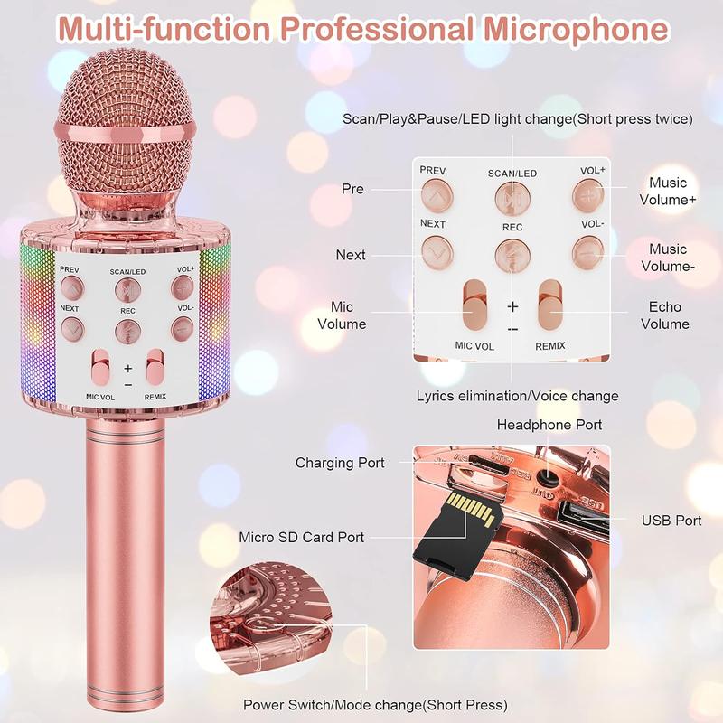 Karaoke Microphone, 5-in-1 Wireless Bluetooth Karaoke Mic for Adults Kids, Handheld Mics Speaker with LED Lights,Christmas Birthday Gifts for All Ages