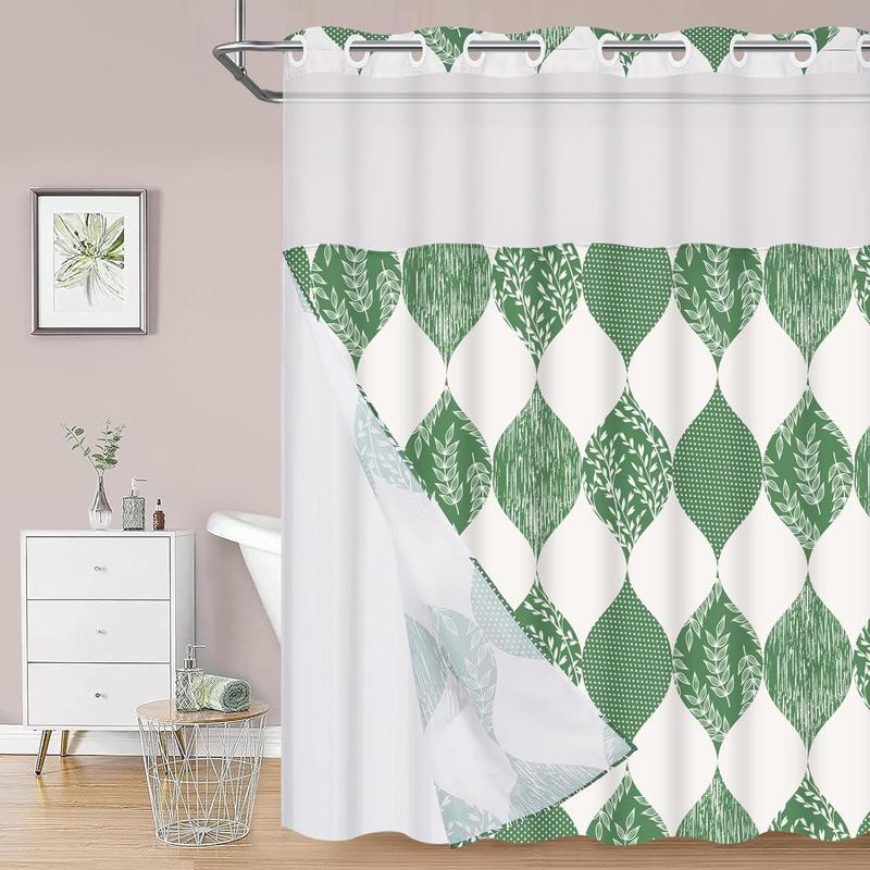 Machine Washable Hookless Shower Curtain | Green Botanical Elegance | Modern No-Hook Design with Built-In Liner for Easy Home Bathroom Decor