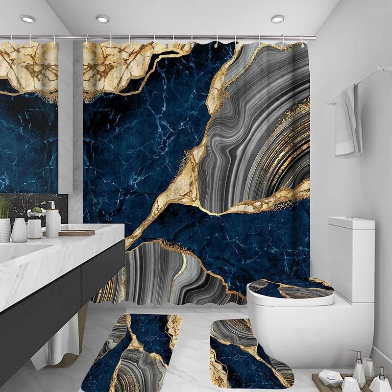 4-Piece Navy Blue Marble Shower Curtain Set - Luxury Bathroom Decor with Rugs & Accessories