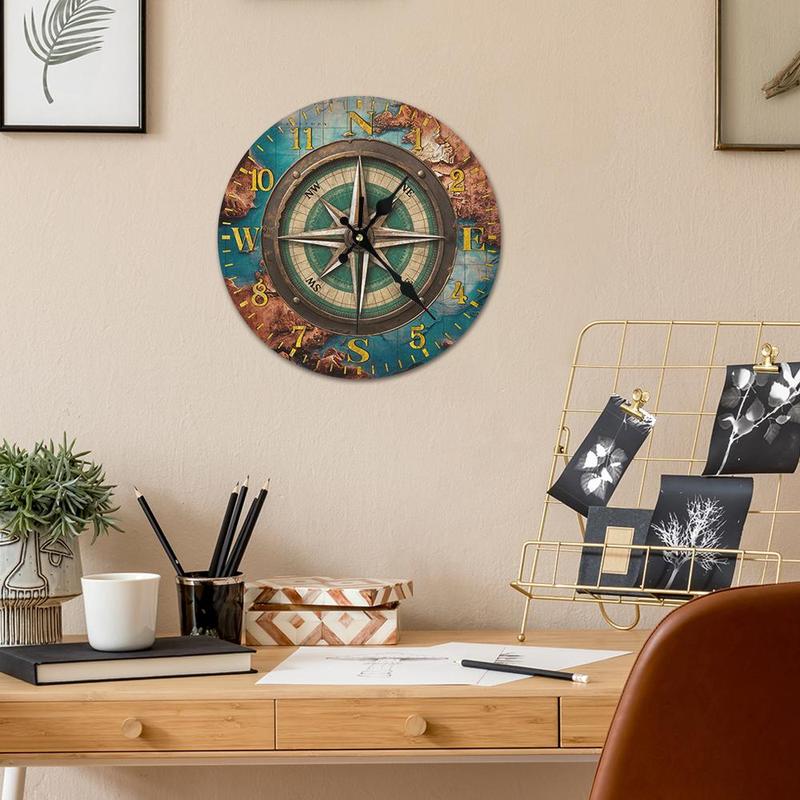 Wooden Wall Clock, Round Wall Clock with Compass Rose Element, Wall Art Decor for Home Farmhouse Office Studio Living Room Cafe Coffee Shop Club