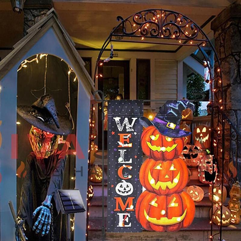 Solar Powered Pumpkin Garden Flag, 1 Count Halloween Decoration Flag, Garden Flag with Solar Lights, Halloween Outdoor Decorations for Yard Garden Tree House, Fall Gifts