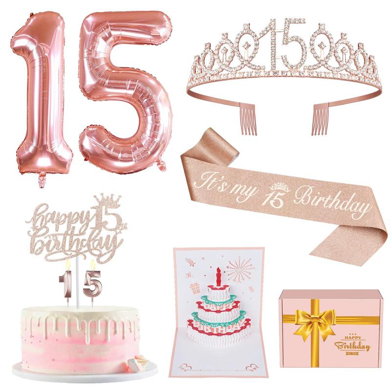 15th Birthday Balloon Decoration, 1 Set Elegant Crown & Cake Ornament, 3D Birthday Card for Girls Gifts Party