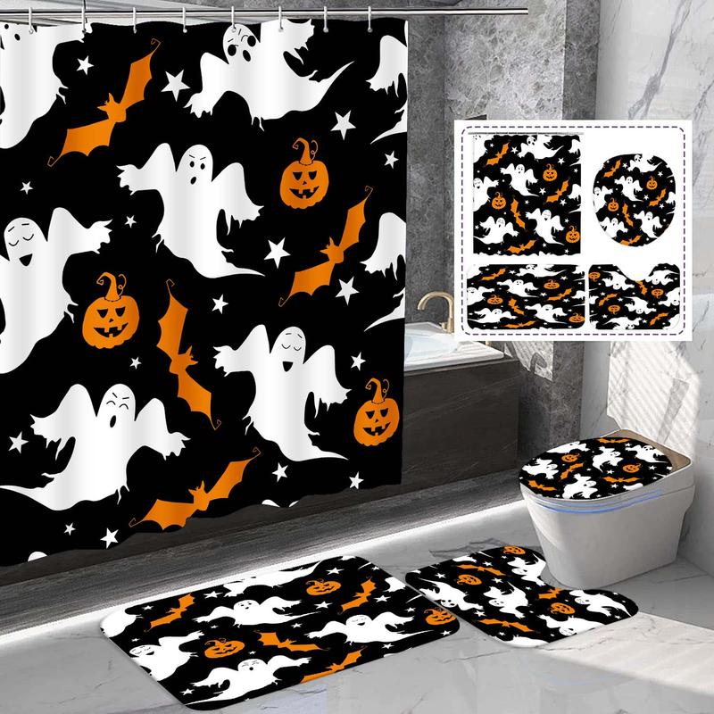 Halloween Ghost and Pumpkin Pattern Bathroom Decor Set, Shower Curtain Sets, 1 Waterproof Shower Curtain & 1 Bathroom Rug & 1 Toilet U-shape Mat & 1 Toilet Lid Cover Pad, Bathroom Accessories