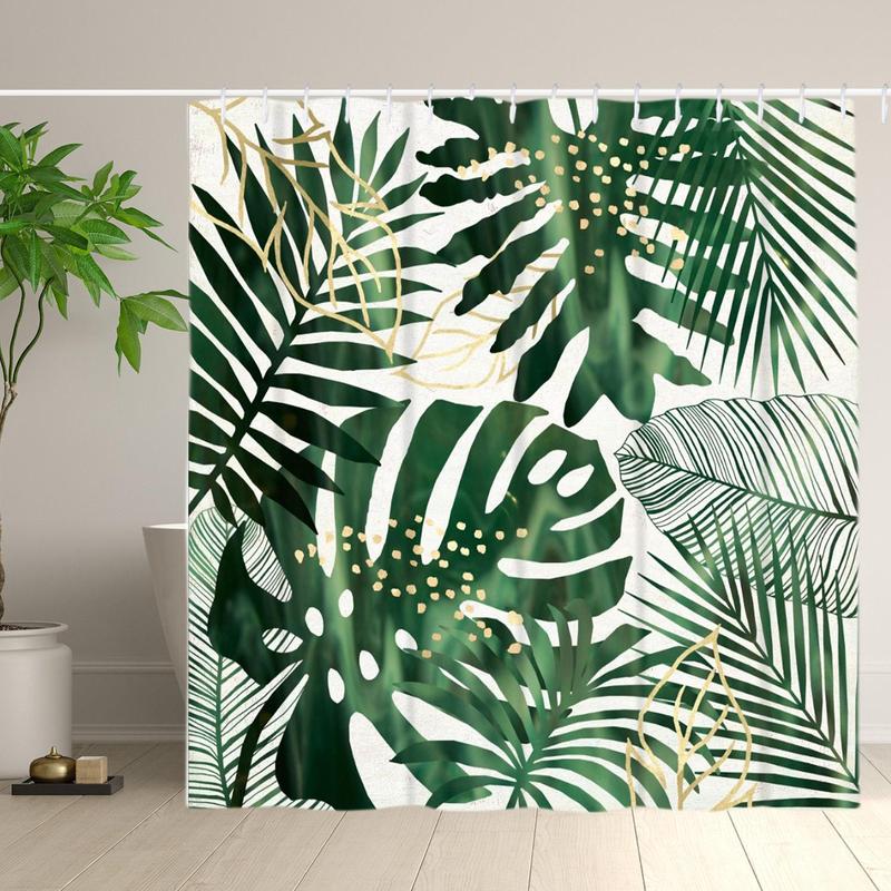 Bathroom Decor Accessories, Tropical Leaf Print Shower Curtain, Boho Style Waterproof Shower Curtain with Hooks, Household Bath Curtain for Home Bathroom