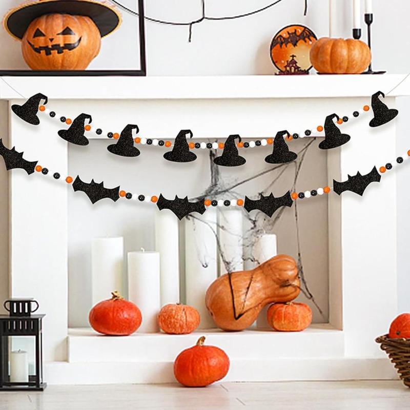 Bat & Witch Hat Design Beaded Hanging Decor, 2 Counts Halloween Party Hanging Decoration, Wall Hanging Ornaments for Home Party Decor, Fall Gifts, Halloween Decor