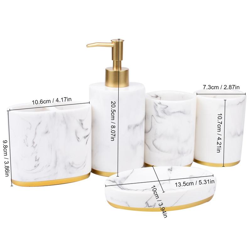 5pcs Marble Pattern Bathroom Set, Including 1 Soap Dispenser, 1 Toothbrush Holder, 1 Soap Bar Dish, 2 Mouthwash Cups, Bathroom Supplies for Home Hotel