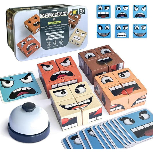 Face Change Cube Game, Face Blocks Wooden Face Changing Magic Cube Game with Bell Mini Expression Puzzle Building Blocks Game Kids Toy Boys Girls