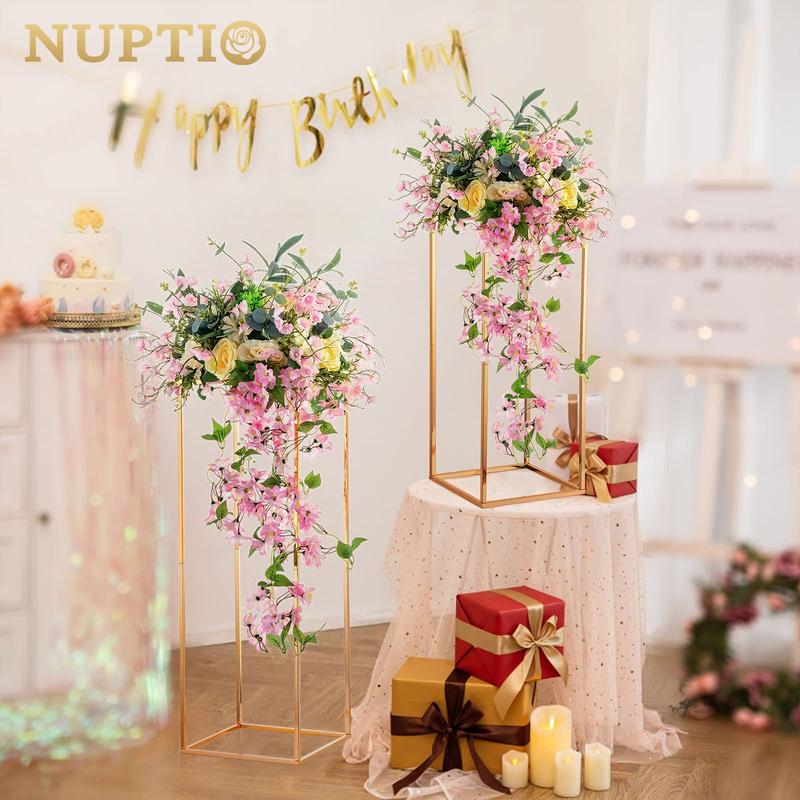 Nuptio set of 2 Metal Flower Floor Vase Column Flower Stand Geometric Centerpieces Vase for Tables, 80cm/31.5in Tall Gold Flower Holder for Home Party Wedding Decorations, Rectangular Flower Display Rack Ornaments