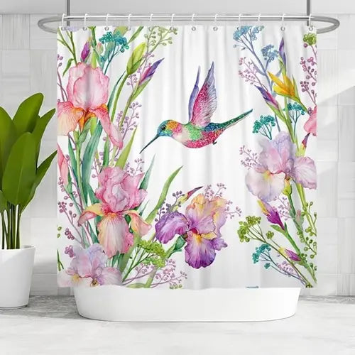 Floral Hummingbirds Shower Curtain Modern Flower Bird Colorful Wildflower Watercolor Plant Bathroom Curtain with Hook, 72x72 Inch Waterproof Thick Decorative