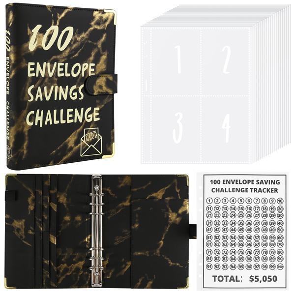 Money Saving Binder, 100 Envelopes Money Saving Challenge, Savings Challenges Book with Envelopes, Motivational Process to Save $5050, Budget Book with Cash Envelopes for Office, Home, School (Black)