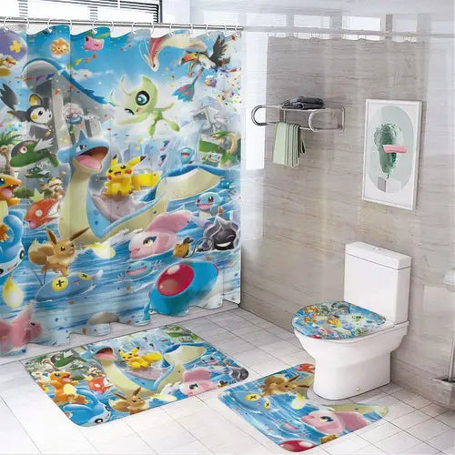 Pokemon 4 Piece Shower Curtain Sets, with Non-Slip Rugs, Toilet Lid Cover And Bath Mat, Durable And Waterproof, for Bathroom Decor Set, 72" X 72"A013