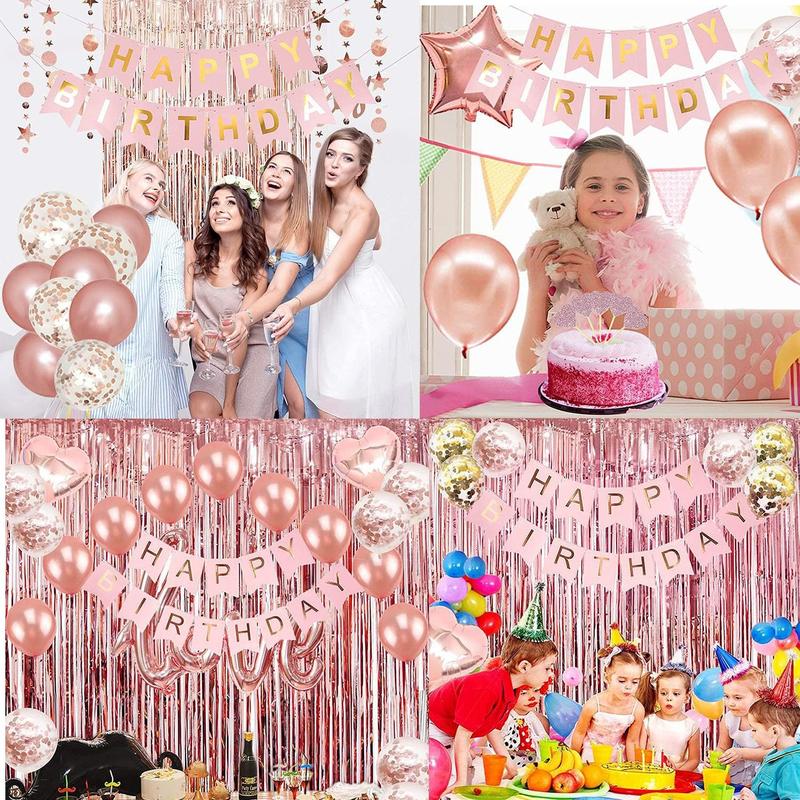 Birthday Party Decoration Kit, Happy Birthday Backdrop, Decorative Party Decor, Rose Gold Fringe Curtain, Heart-shaped Confetti Balloon Set for Birthday Party [package List As Picture Shown]