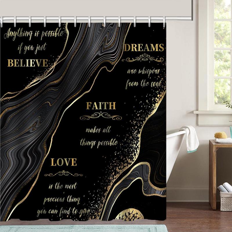 Home Essentials Bathroom Accessories Set, 4 Counts/set Letter & Marble Pattern Bathroom Decor Set, Including Non-slip Bath Mat, Toilet Lid Mat, U-shaped Commode Contour Rug & Shower Curtain with Hook, Summer Gift Ideas, Fall Gifts