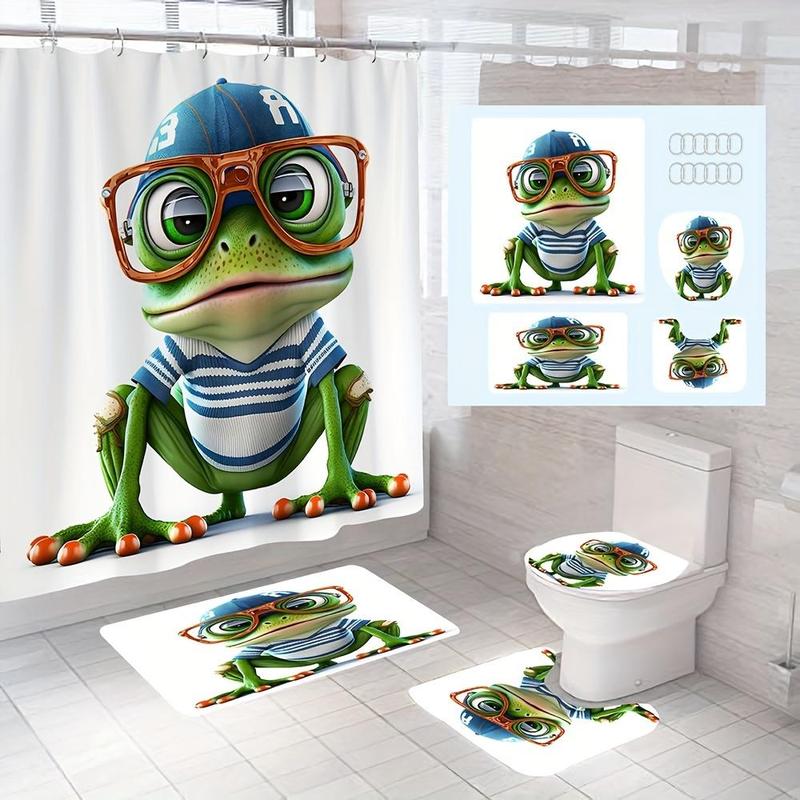 Tiger/Frog Pattern Bathroom Shower Set (4?Counts), Including 1 Bathroom Curtain, 1 U-shaped Contour Toilet Mat, 1 Bath Mat, 1 Toilet Lid Seat Cover