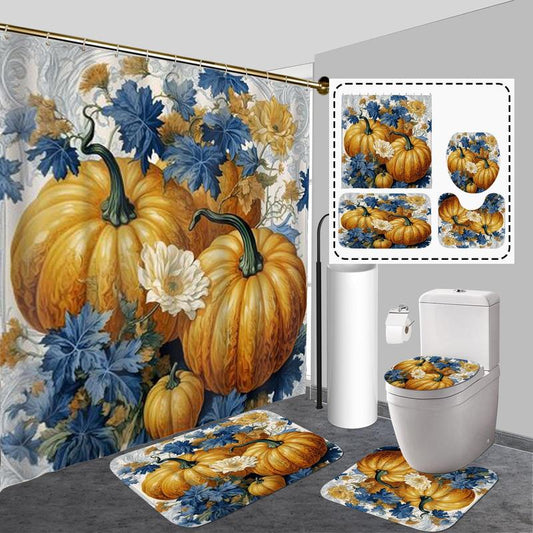 Pumpkin Pattern Bathroom Decor Set, 4 Counts/set Non-slip Bathroom Mat & Shower Curtain with 12 Hooks, Halloween Bathroom Decor, Bathroom Accessories