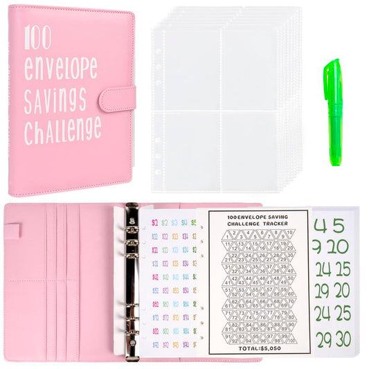 100 Envelopes Money Saving Challenge with A Marker Pen, A5 Pink Budget Book with Cash Envelopes, Money Saving Binder, Number Stickers & Tracker Card, Money Organizer Expense Sheet for Saving to $5050