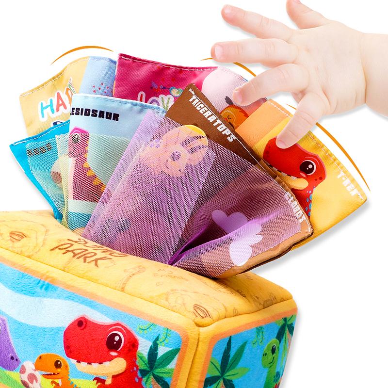 1count Baby Tissue Box - Montessori Infant Toys 5 Months Baby Tissue Box Learning Toy, Infant And Toddler Educational Toys With 3 Rattle Cloths And 10 Saran Wraps