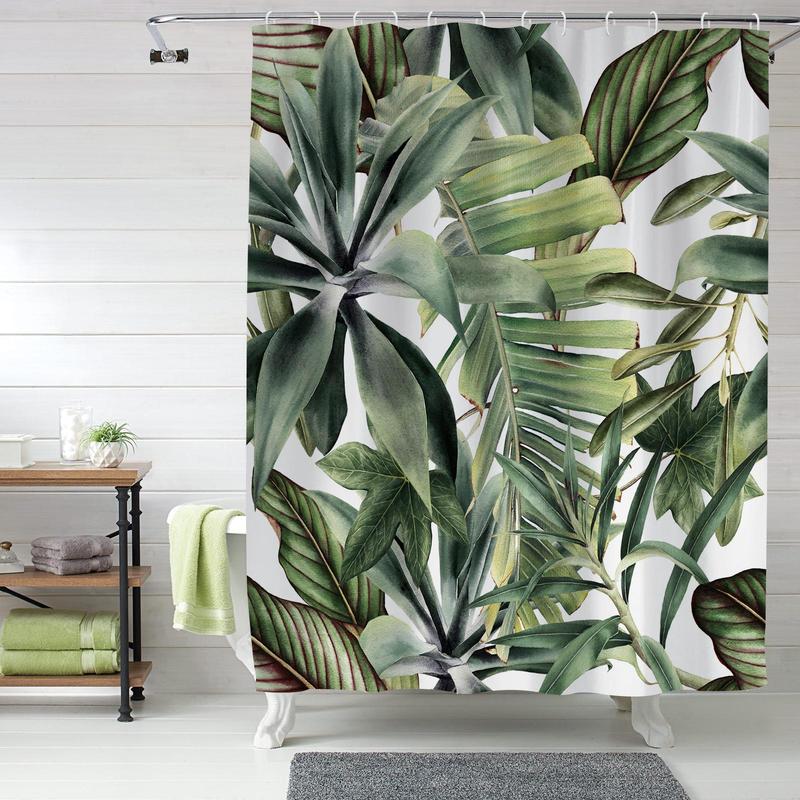 Tropical Leaf Pattern Shower Curtain, Casual Waterproof Shower Curtain with Hooks, Bathroom Accessories, Home Decoration