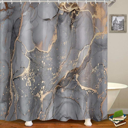 Marble Pattern Shower Curtain with Hooks, 1 Count Waterproof Mould Proof Bathroom Curtain, Bathroom Decoration Accessories