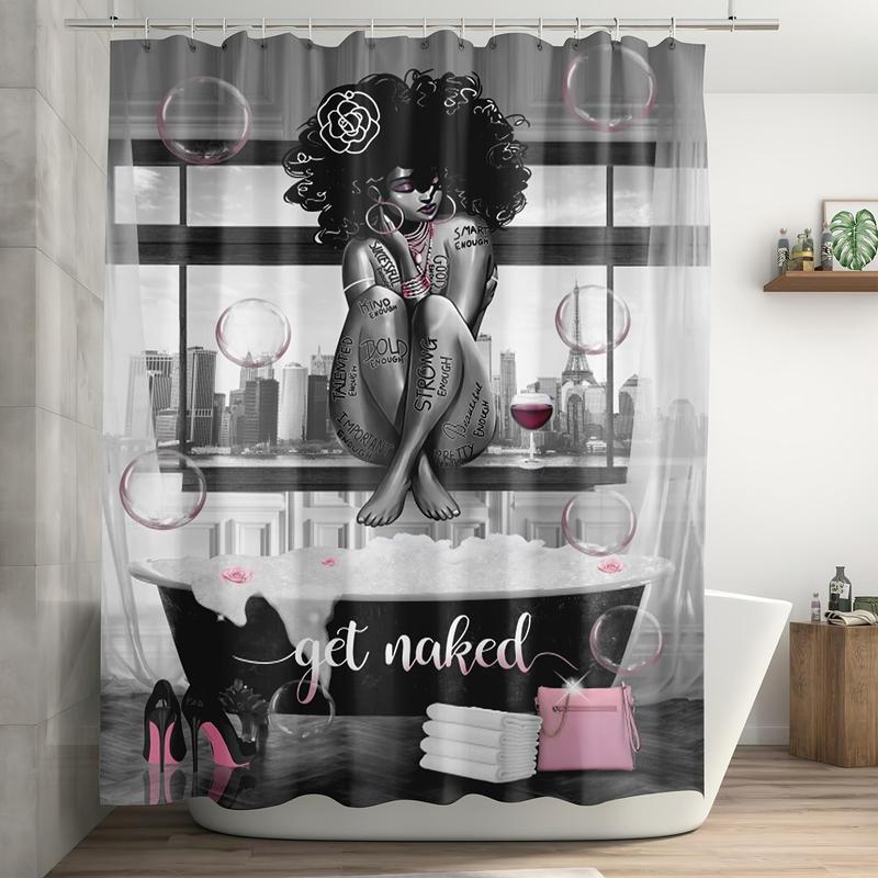 Letter & Female Pattern Shower Curtain, Waterproof Bathroom Curtain with 12 Hooks, Casual Decorative Shower Curtain, Bathroom Decor Supplies