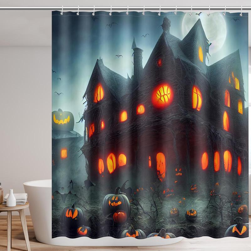 Halloween Themed Shower Curtain, Skull & Pumpkin & Castle Pattern Bathroom Curtain with 12pcs Hooks, Waterproof Shower Curtain for Bathroom Decor