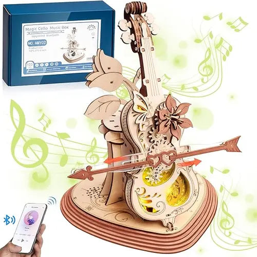 2024 Upgrade 3D Wooden Cello Puzzle Music Box Set with Light and Bluetooth Function - Perfect Adult Hobby and Room Decor