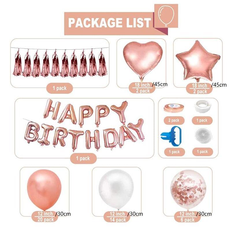 Party Balloon Set, 1 Set Rose Gold Balloon & Happy Birthday Balloon Banner, Confetti Balloon, Metallic Color Balloon, Birthday Party Decoration Supplies