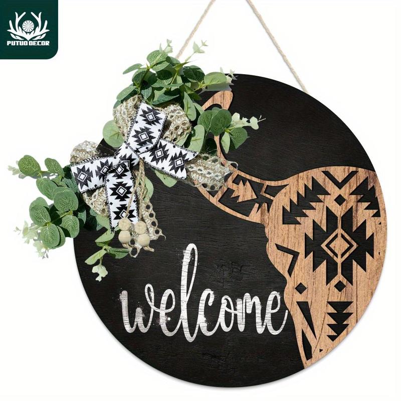 Wooden Welcome Letter & Giraffe Sign, Modern Wooden Hanging Sign, Front Door Decor for Home Porch Farmhouse Cafe Coffee Shop