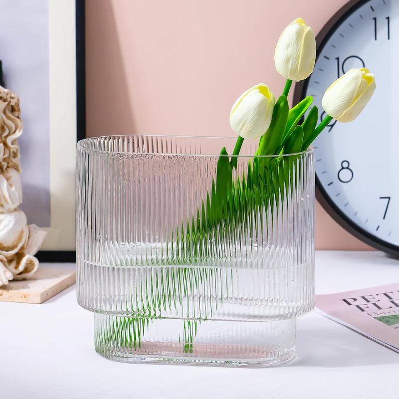 CEWOR Ribbed Clear Glass Vase Aesthetics Flower Vases 8 Inch for Centerpieces Modern Fluted Design for Wedding Dinner Table and Bedroom and Home Decor