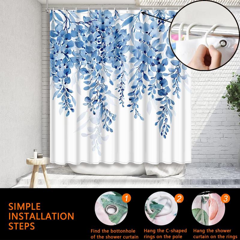 Olive Branch Pattern Bath Curtain, Waterproof Shower Curtain with 12pcs Hooks & Strap, Bathroom Accessories, Bathroom Decor for Home