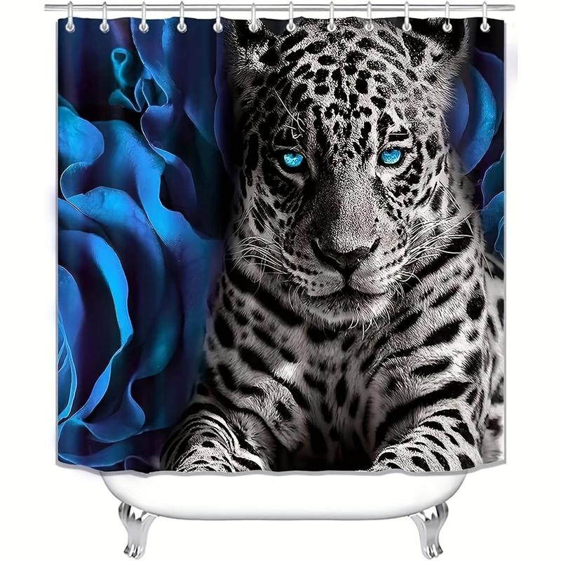 Leopard & Rose Pattern Bathroom Accessories (4 Counts), Including Waterproof Shower Curtain, Toilet Lid Cover, Mat & U-shaped Mat, Summer Fathers Day Gift