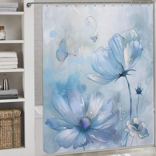 Butterfly & Floral Pattern Shower Curtains, Washable Fabric Shower Curtain with 12 Hooks, Bathroom Decor Supplies