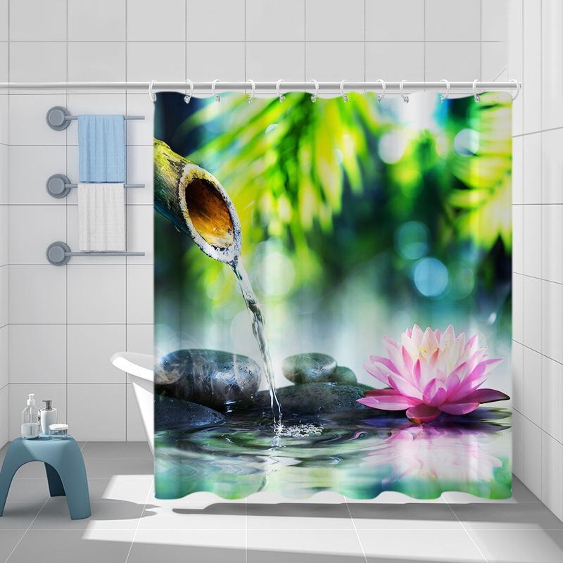 1 Piece Lotus & Lake Pattern Shower Curtain, Waterproof Bathroom Shower Curtain, Bathroom Accessories