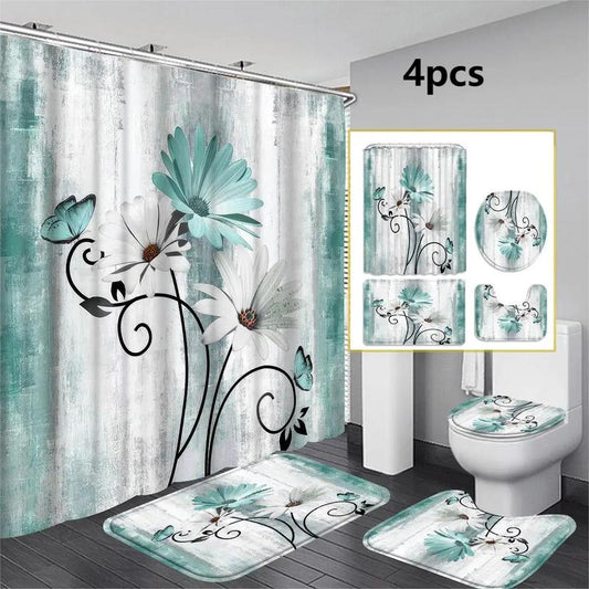 Floral Shower Curtain, Modern Waterproof Bathroom Set With Shower Curtain & Non-slip Mats & Toilet Seat & Hooks, Exquisite Decoration For Bathroom