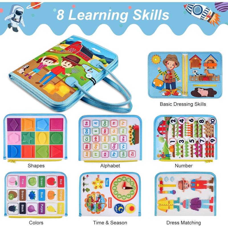 Busy Board for Toddlers,Busy Book Montessori Sensory Board Travel Quiet Book Preschool Educational Learning Toy for Baby Kids Car Plane Basic Dress Skills Fine Motor Activity Boards for 1+ Years Old