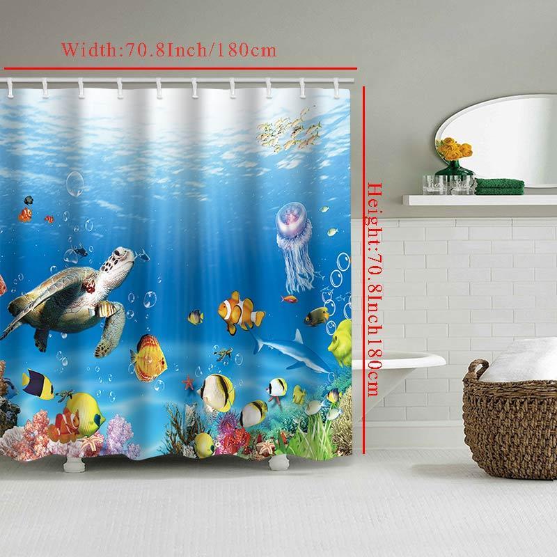 Cartoon Sea Life Pattern Shower Curtain, Cute Bathroom Waterproof Curtain with 12pcs Hooks, Machine Washable Bath Curtain for Home Decor