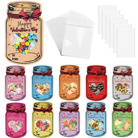 60 Sets Paper Candy Jar Valentine Cards, Kraft Paper Candy Jar Valentine's Cards, Valentine Exchange Cards with Bags and Tapes for School Class(10 Different Colored and Kraft Paper, Hollow Heart£©