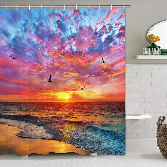 Alishomtll Beach Shower Curtain Seagull Seaside Shower Curtain with 12 Hooks, Sunset Ocean Waves Shower Curtain Blue Sky Coastal Sun Rays Shower Curtain for Bathroom