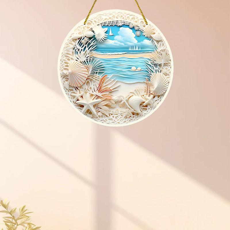 Summer Sea Shell Pattern Round Hanging Ornament, 1 Count 3D Embossed Hanging Decorative Plaque, Creative Hanging Decor for Home Garden Party