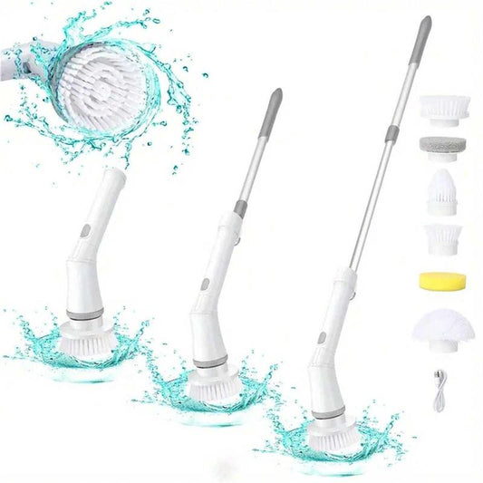 Multifunctional Electric Cleaning Brush with with Telescopic Handle Set,?1 Count?Household Handheld Rechargeable Floor Brush with 6 Replaceable Brush Head, Household Cleaning Tool