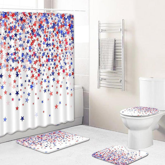 Star Pattern Bathroom Set, 4 Counts/set Including Shower Curtain & Toilet Lid Mat & Floor Mat & Toilet Foot Mat, Multi-style Non-slip Bathroom Accessories for Home Hotel Salon Dormitory