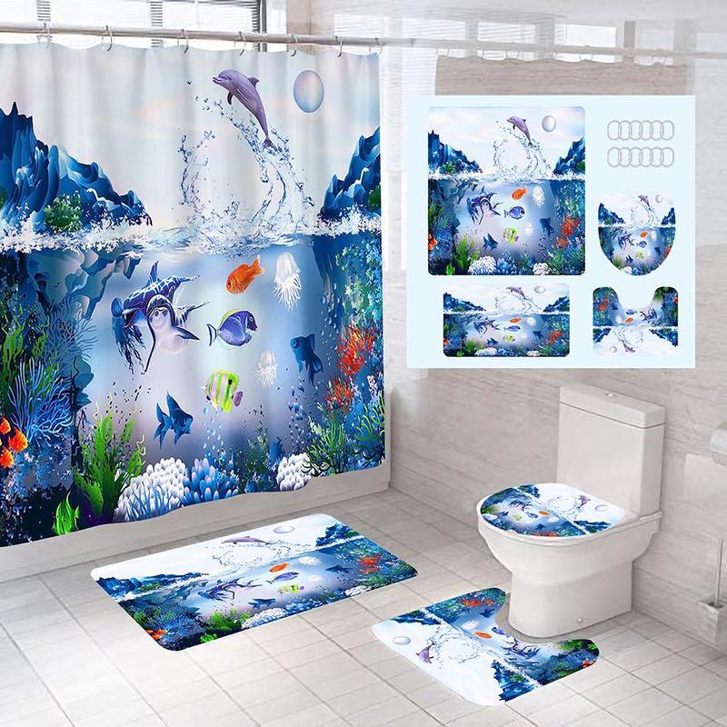 Underwater World Pattern Bathroom Shower Set, 4 Counts/set Including 1 Bathroom Curtain, 1 U-shaped Contour Toilet Mat, 1 Bath Mat, 1 Toilet Lid Seat Cover