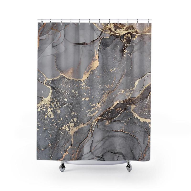 Marble Pattern Shower Curtain with Hooks, 1 Count Waterproof Mould Proof Bathroom Curtain, Bathroom Decoration Accessories