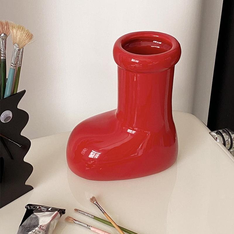 Creative Boots Design Ceramic Vase, 1 Count Red Boots Design Vase, Desktop Decoration for Home Living Room & Bedroom