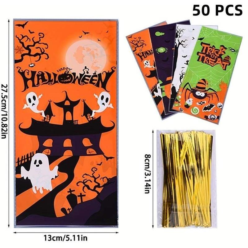 50pcs Halloween Candy Bags, Trick or Treat Gift Bag, Goody Bags, Packable Pouch, Biscuits Bag, Party Supplies, Halloween Decoration