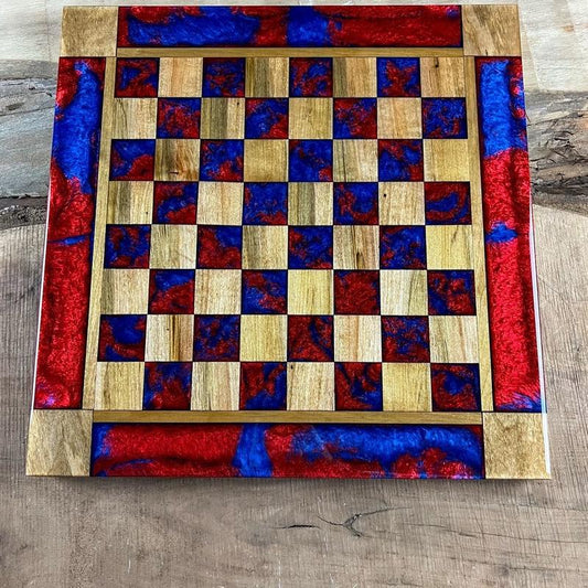 Deep Blue Red Lava Maple Wood Chess Board (With Border)