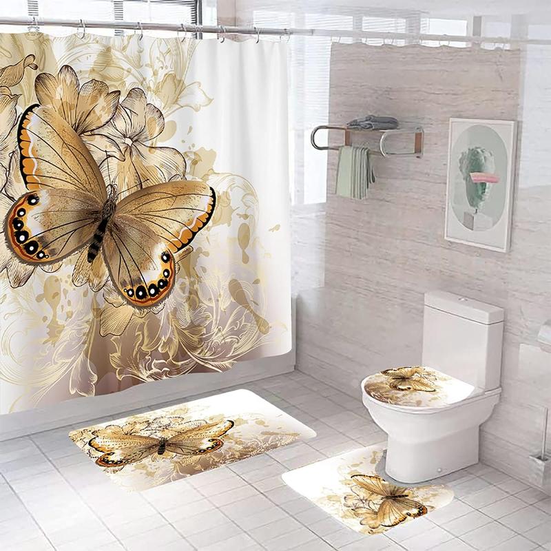 Elegant 4-Piece Golden Flower Butterfly Bathroom Ensemble: Shower Curtain Set with Rugs, Toilet Lid Cover, and Bath Mat, Complete with 12 Hooks - Stylish Bathroom Sets with Accessories.