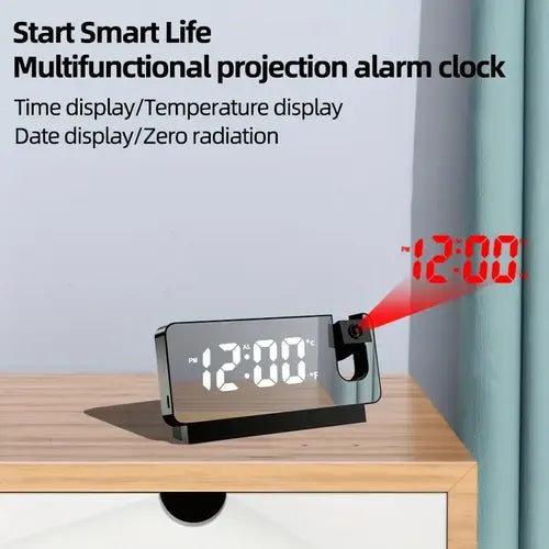 Bedroom LED Mirror Alarm Clock with 3D Time Projection, Temperature & Auto Brightness Display, USB-Powered Decor Plastic