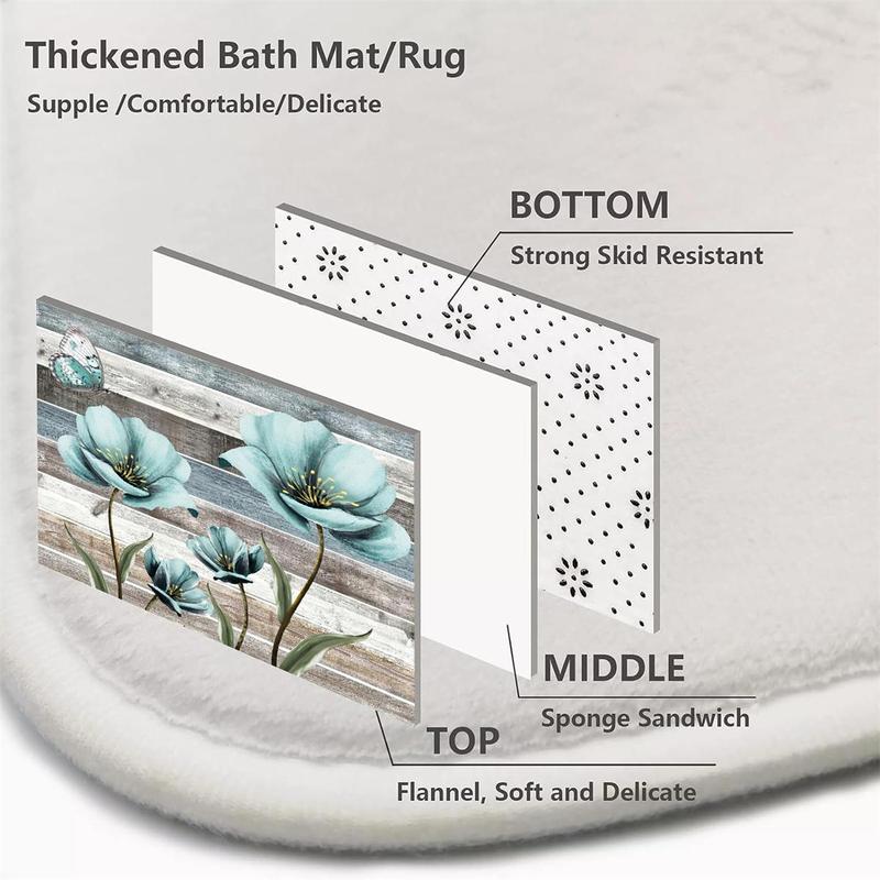 Floral Pattern Bathroom Accessories Set, 4 Counts/set Non-slip Bath Mat & U-shaped Commode Contour Rug & Toilet Lid Mat & Shower Curtain with 12 Hooks, Bathroom Decor Set